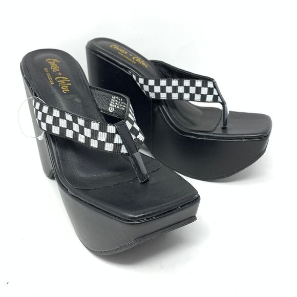 Chase & Chloe Women's Size 9 Chunky Flatform Wedge Heeled Sandals Black White - Picture 1 of 8